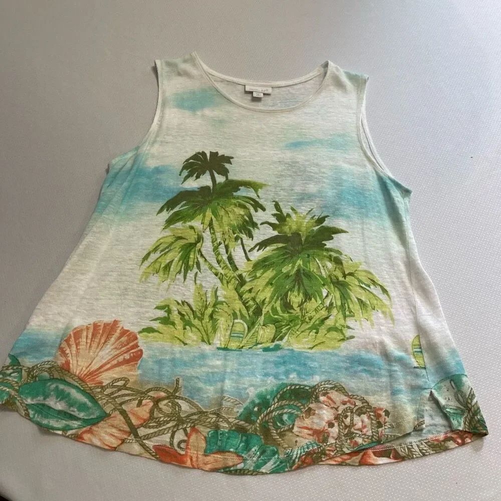 J. JILL LOVE LINEN Top Size Small Petite Palm Trees Shell Tropical Print